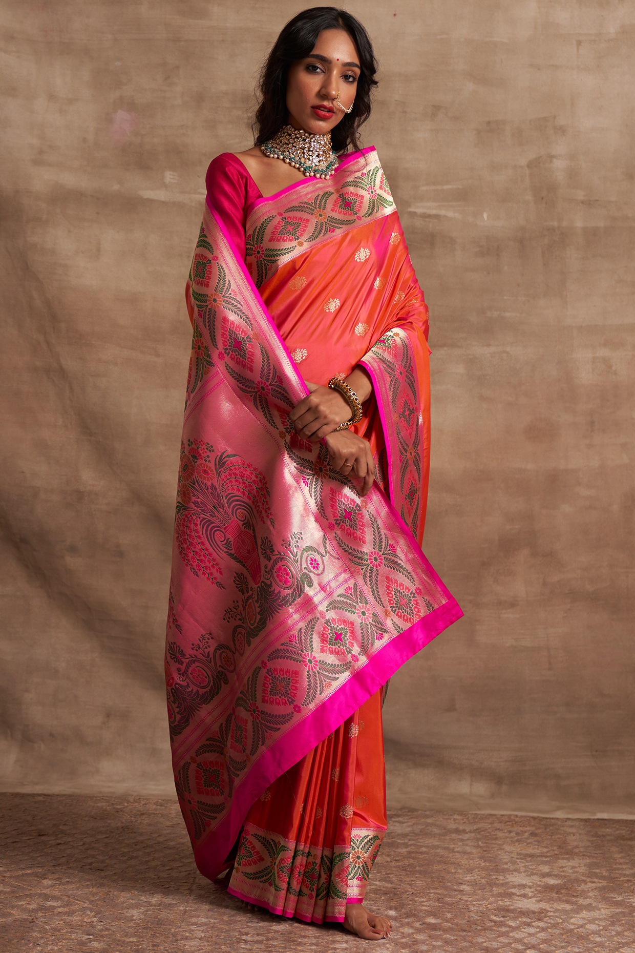 Purple Kanjeevaram Silk Saree with Pinkish-Orange Border - Tulsi Weaves